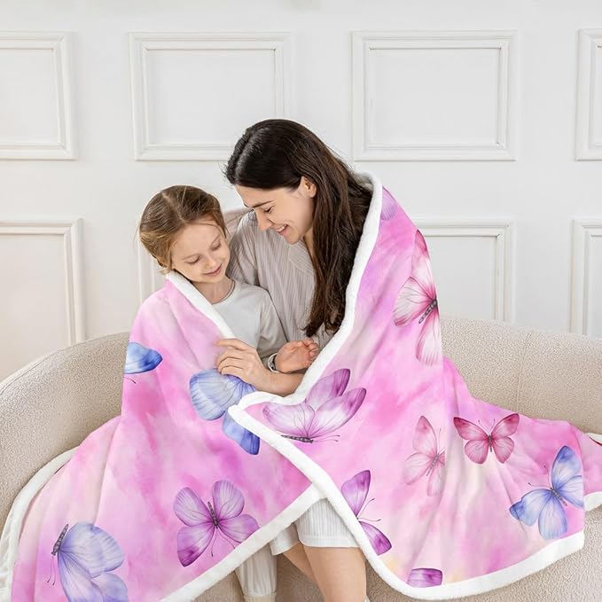 Feelyou Girls Butterfly Fleece Throw Blanket Throw 50"x60" Kids Tie Dye Watercolor Sherpa Blanket Plush Fuzzy for Bed Couch Chair Living Room, Dreamy Girly Bed Blanket Pink Room Decor