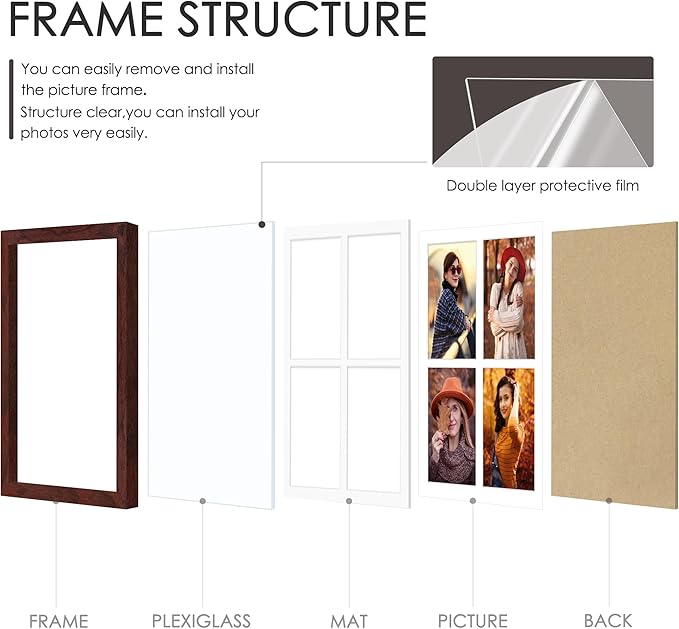 12x16 Picture Frame 5x7 Collage Picture Frame Displays Four 5x7 inch Photos or 12x16 (Without Mat) for Available Horizontal Wall Mounting Display and Vertical Redwood