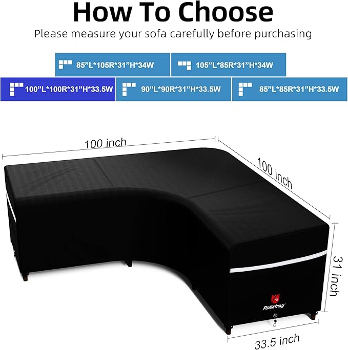 Rosefray Outdoor V-Shaped Sectional Cover-600D Patio Sectional Sofa Cover, Waterproof Furniture Covers for Deck, Lawn，Backyard 100”x100”Black