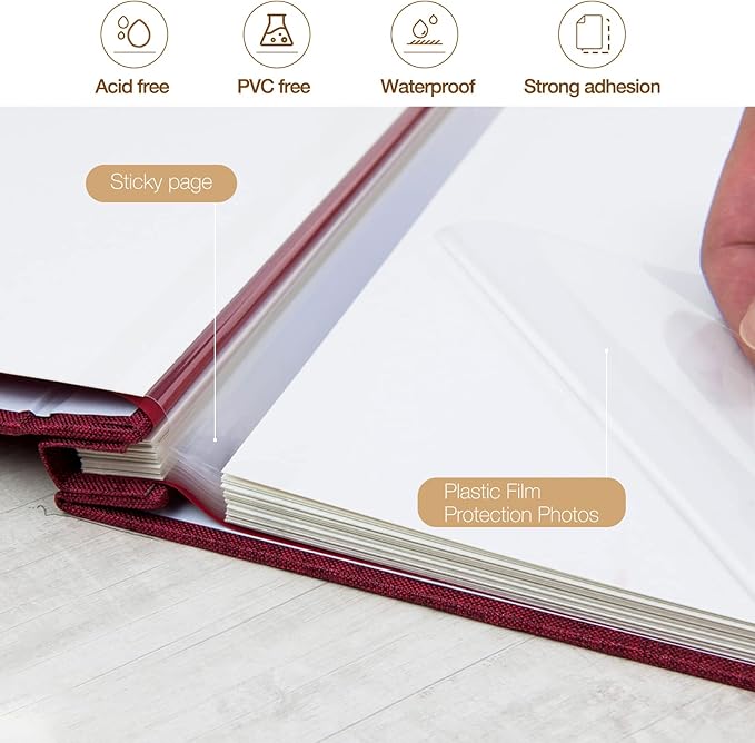 potricher 11x10.6 Inch Self Adhesive Photo Album Linen Cover 80 Pages Sticky 3x5 4x6 5x7 6x8 8x10 8.5x11 Magnetic DIY Scrapbook Photo Album with A Metallic Pen (Red)