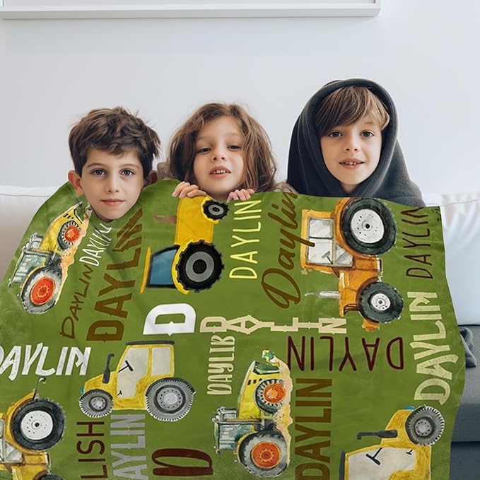Personalized Tractors Blanket - Custom Name with Farm Tractor Trucks Design - Soft Plush Flannel Bed Blanket for Baby Kid Teen Boys Girls Customized Gifts Olive Green & Yellow