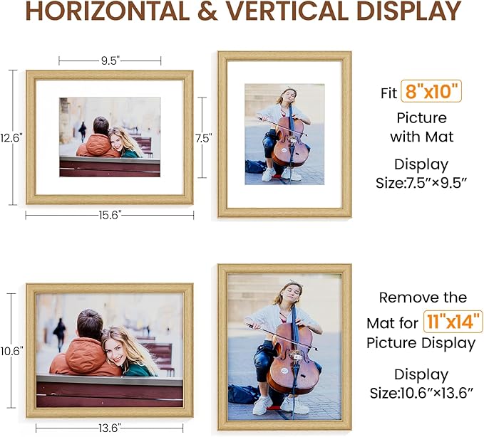 Natural Oak 11x14 Picture Frames Mat to 8x10 Picture Display,Original Wood Handcrafted Diploma Frame,Wooden Frame 11x14 with Tempered Glass Graduation Family Wedding Certificate Photo Wall Mounted