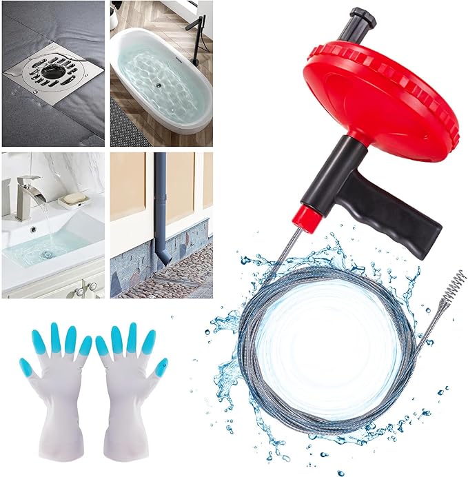 Drain Auger, Plumbing Snake Drain Hair Clog Removal Tool Use Manually or Powered for Bathtub Drain, Bathroom Sink, Kitchen Cleaning with Gloves(20ft/6M-Red)