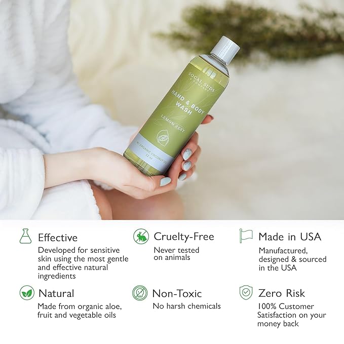 SoCal Suds & Company - 12oz Organic Soap Liquid, Gentle Hand & Body Wash, Organic Body Wash for Men and Women, Made w/Organic Oils & Coconut Oil, Bath Essentials for All Skin Types - Lemon Zest