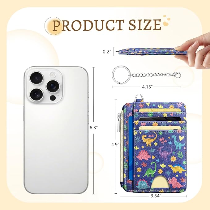 Kelvoris Credit Card Holder Small Wallet Women, Slim RFID, Cute Dinosaur | Keychain, Zipper Coin Pocket, Front Pocket Thin Travel Card Case, Minimalist, 6 Card Slots, 1 ID Window, Ladies Gifts Woman