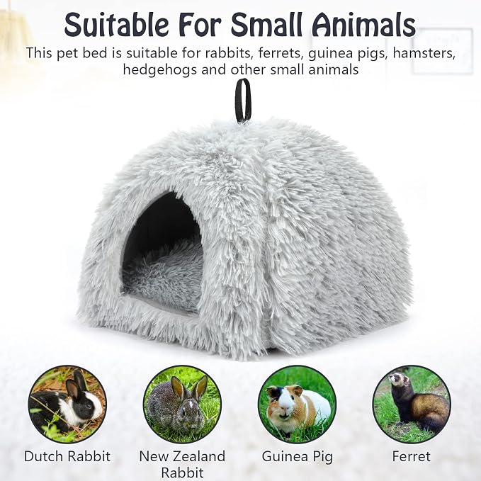 YUEPET Bunny Hideout, Cozy Rabbit Bed House for Small Pets, Grey | Long Plush Guinea Pig Cave Bed, Removable Washable Pad, Non-Slip Base, Warm Rabbit Hideaway for Guinea Pig Ferret