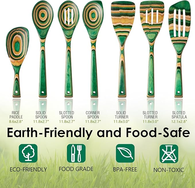 Pakkawood 7-Piece Wooden Cooking Utensil Set-Wood Kitchen Utensil Set, Wooden Spoons for Cooking, Nonstick Safe Non-Toxic Wooden Cooking Tools by HOWHONG (Oasis Color)