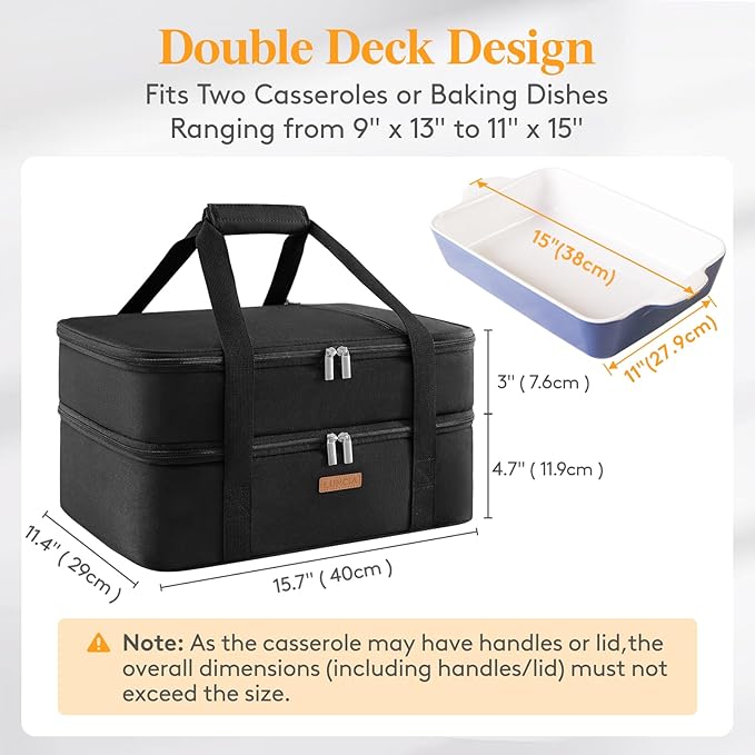 LUNCIA Insulated Double Decker Casserole Carrier, Lasagna Lugger Tote Keeps Food Hot or Cold, Thermal Lunch Bag for Potluck Parties, Picnic and Cookouts, Fits 9" x 13" Baking Dish, Black
