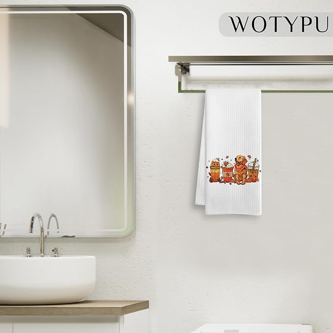 Fall Golden Retriever Coffee Kitchen Towels, Fall Halloween Pumpkin Coffee Dish Tea Towel for Kitchen, Farmhouse Autumn Maple Leaf Pine Cone Hand Towels for Bathroom Decor, 16x24 Inch