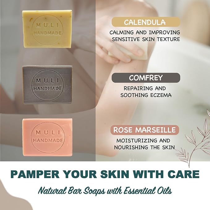 Natural Handemade Bar Soap for Men and Women with Essential oils, Scented Bar Soaps for Bath, Fragrance Gift Set (Pack of 3) Rose Marseille