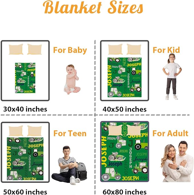 Personalized Tractors Blanket - Custom Name with Farm Tractor Trucks Design - Soft Plush Flannel Bed Blanket for Baby Kid Teen Boys Girls Customized Gifts Green