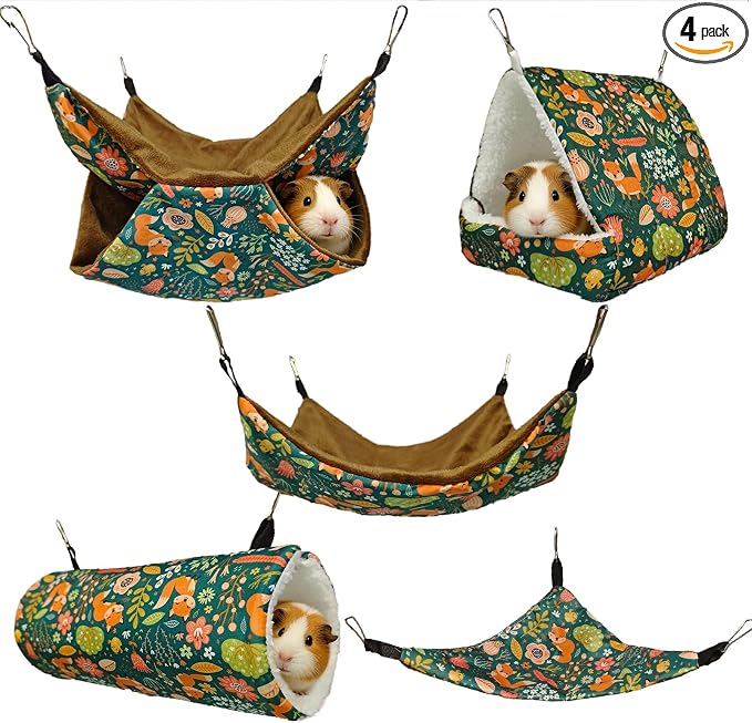 kathson 5 PCS Guinea Pig Hammock Set, Washable Rat Hammock, Guinea Pig Hideout Bed Soft Hamster Hanging Tunnel Mats Small Pets Cage Accessories for Chinchilla, Sugar Glider, Squirrel(Green)