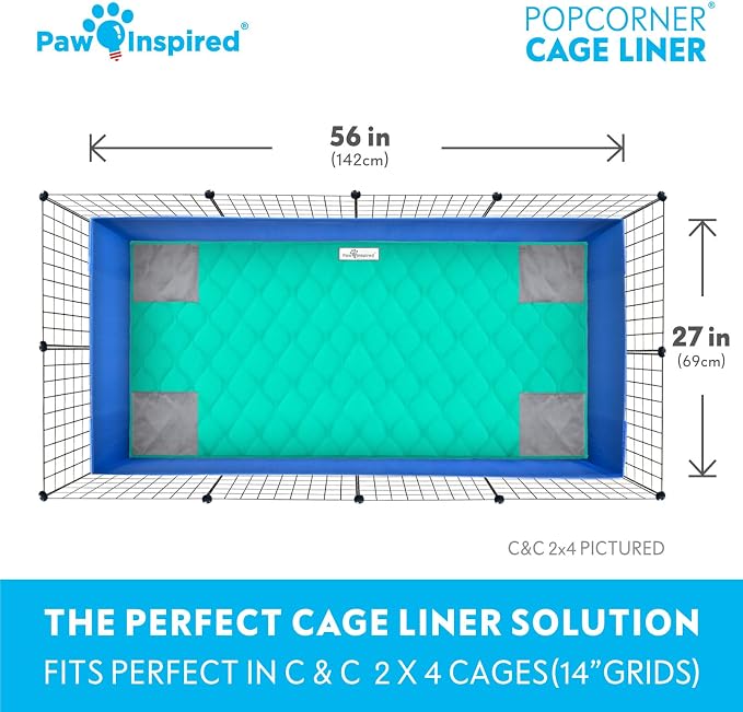 Paw Inspired PopCorner Washable Fleece Cage Liners, C&C 2x4, Green | Reinforced Corners, Super Absorbent Mat, Bedding, Waterproof Bottom, Guinea Pigs, Ferrets, Rabbits, Hamsters, Small Animals