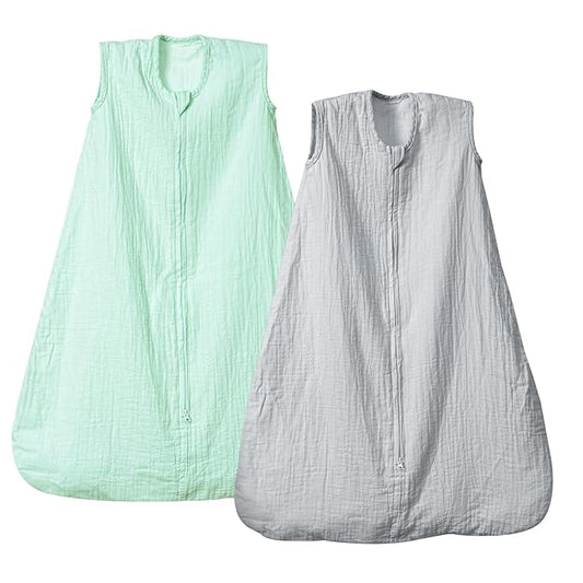 PHF 100% Muslin Cotton Baby Sleep Sacks, 0-6 Months Sleep Sack with 2-Way Zipper, 2 Pack Cooling Unisex 0.5 TOG Breathable Small Size Sleeveless Baby Wearable Blanket, Grey & Green
