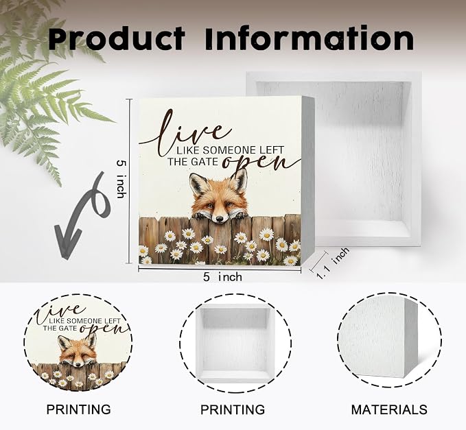 Fox Wooden Box Sign - Rustic Farmhouse Live Like Someone Left the Gate Open Signs for Home Decor,Farm Cottagecore Animal Office Kitchen Bedroom Decor,Fox Gifts for Women Men, 5x5