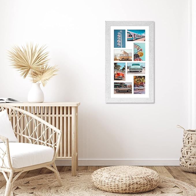 11.8x21.8 Picture Frame Display 8 opening 4X6 Picture Frame Collage,Multi Photo Frame with Mat,Plexiglass,Wall or Tabletop Decor,Distressed White Wood Grain