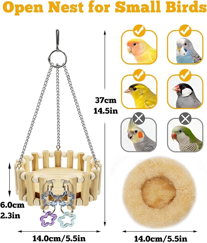 Wooden Bird Sleep Nest, Open Hammock with Toys for Small Birds | Kiln-Dried Wood Cage Bed with Detachable Cotton Pad, All-Season Comfort for Small Sized Birds Budgies Lovebirds Finch Canary