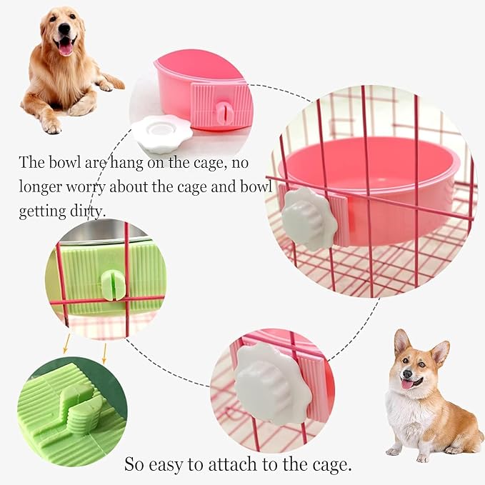 kathson Crate Dog Bowl, Removable Stainless Steel Hanging Pet Kennel Cage Bowl Food & Water Feeder Coop Cup for Puppy, Cat, Rabbit, Guinea Pigs Ferret Bird (2 PCS, Size: M, Blue and Green) (Pack of 2)