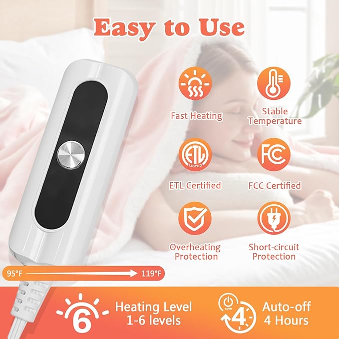 Cozy Heated Blanket Full Size - Fast Warming Electric Bed Blanket with 6 Heat Settings & 4 Hours Auto-Off, Ideal Gift for Her, 72"x84", Pinky