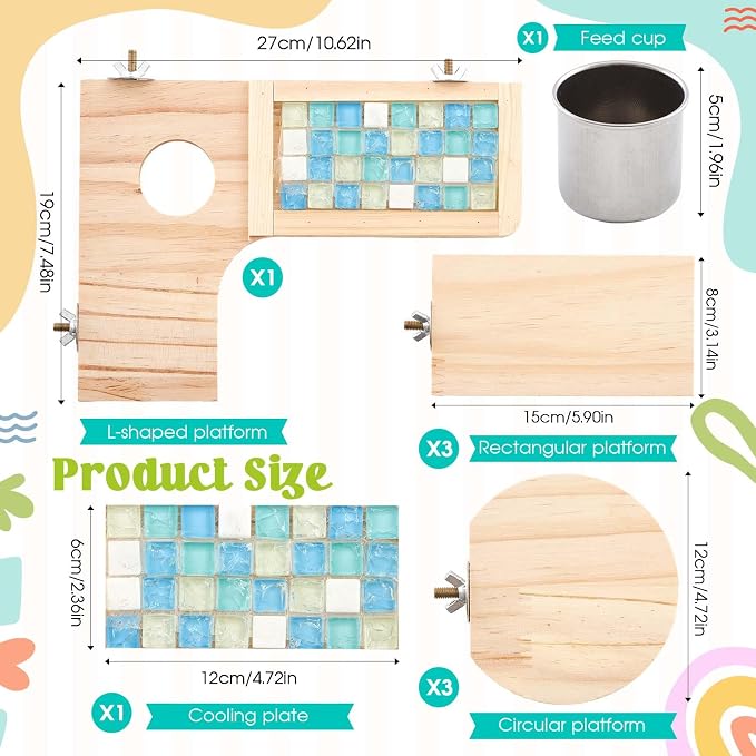 DoubleFill Set of 9 Wooden Hamster Cage Platform Chinchilla Ledges and L Shaped Round Hole Rat Cage Accessories with Cooling Standing Board Food Cup for Squirrel Gerbil Guinea Pig Small Animal