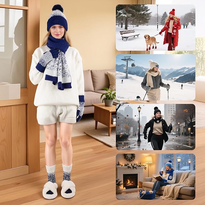 Womens Winter Beanie Hat Scarf Gloves Fuzzy Socks 4 In 1 Set Thermal Fleece Knitted Hat Warm Long Scarf Cold Weather