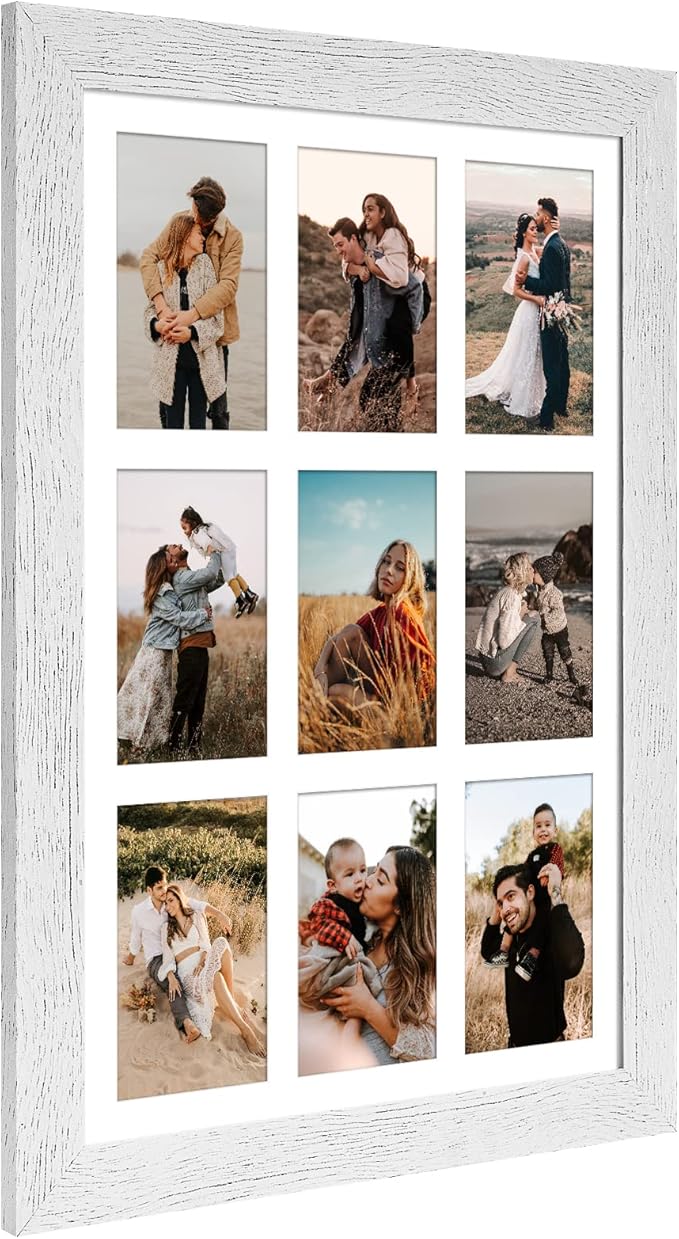 13.5x19.5 Picture Frame Display 9 opening 4X6 Picture Frame Collage,Multi Photo Frame with Mat,Plexiglass,Wall or Tabletop Decor,Distressed White Wood Grain
