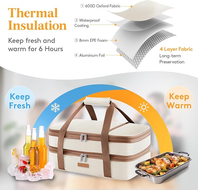 LUNCIA Insulated Double Decker Casserole Carrier, Lasagna Lugger Tote Keeps Food Hot or Cold, Thermal Lunch Bag for Potluck Parties, Picnic and Cookouts, Fits 9" x 13" Baking Dish, Cream