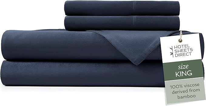 Hotel Sheets Direct 4 Piece Bed Sheet Set King, 100% Viscose Derived from Bamboo Sheets Set with 2 Pillowcases, Cooling & Breathable Luxury Bedding, Moisture-Wicking & Silky Soft Texture, Navy Blue