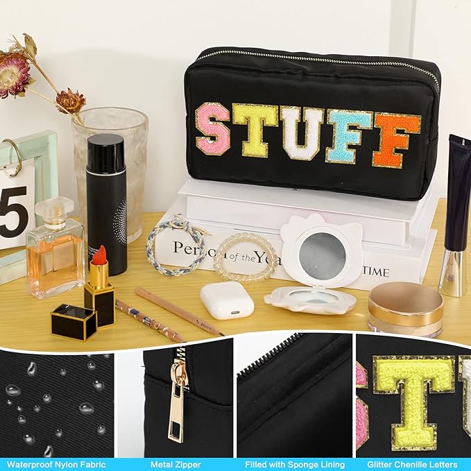 DYSHAYEN Nylon Cosmetic Bag Preppy Makeup Stuff Bag for Women Travel Toiletry Organizer with Chenille Letter Patches (Black-STUFF)