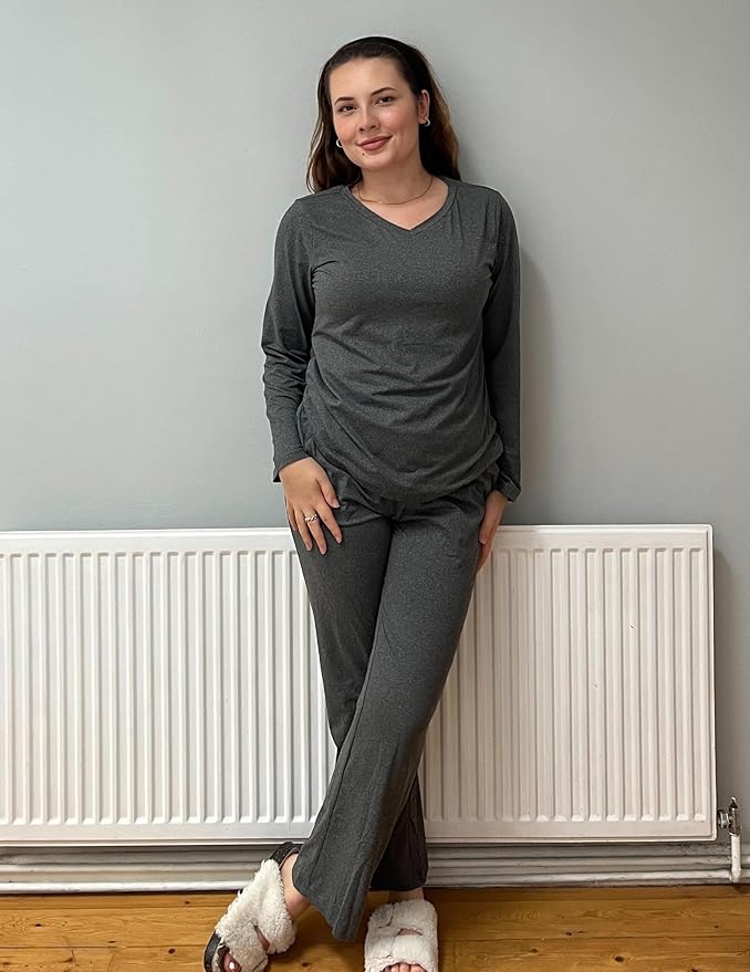 Ekouaer Womens 2 Pack Pajama Set Long Sleeve Pajamas Top and Pants V Neck Pjs Set Soft Loungewear with Pockets