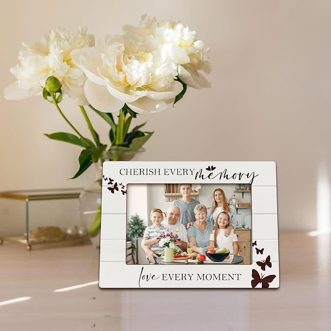 Family Photo Frame, Housewarming Gifts for Family Mom, Long Distance Wooden Photo Frames, Cherish Every Memory and Love Every Moment Decorative Picture Photo Frame for Desk Table 4X6 Photos