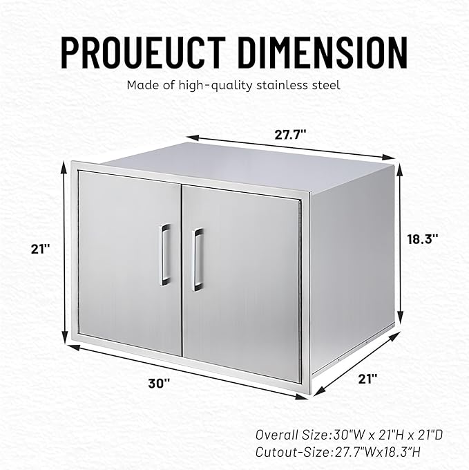 Stainless Steel Outdoor Kitchen Cabinet, Double Door Dry Storage Pantry for BBQ Island, Patio Grill Station, 30" W x 21" H x 21" D