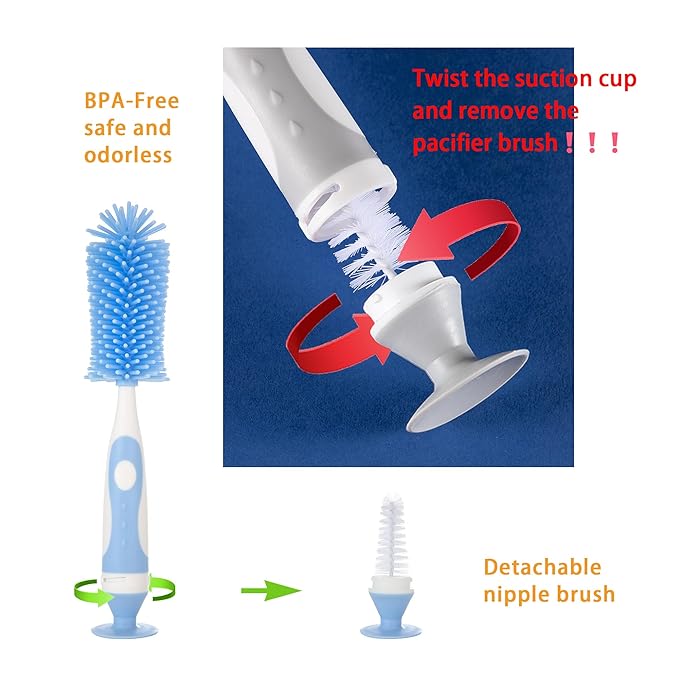 Chemimoso Multifunctional Cleaning Brush, Baby Bottle Brush, Bottle Brush Cleaner, Rotate The Suction Cup to Obtain The Small Bristle Brushes, Set Z, Green, Silicone and Nylon Brush
