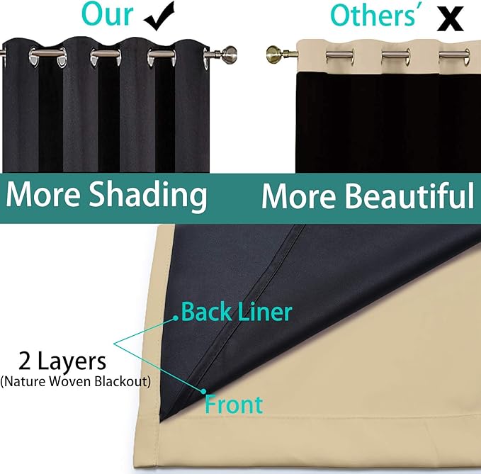 Yakamok Home Decor Thermal Insulated Full Blackout Drapes, 2-Layer Lined 100% Blackout Curtains with Black Liners, Energy Efficiency Window Draperies for Bedroom(52Wx63L, Beige, 2 Panels)