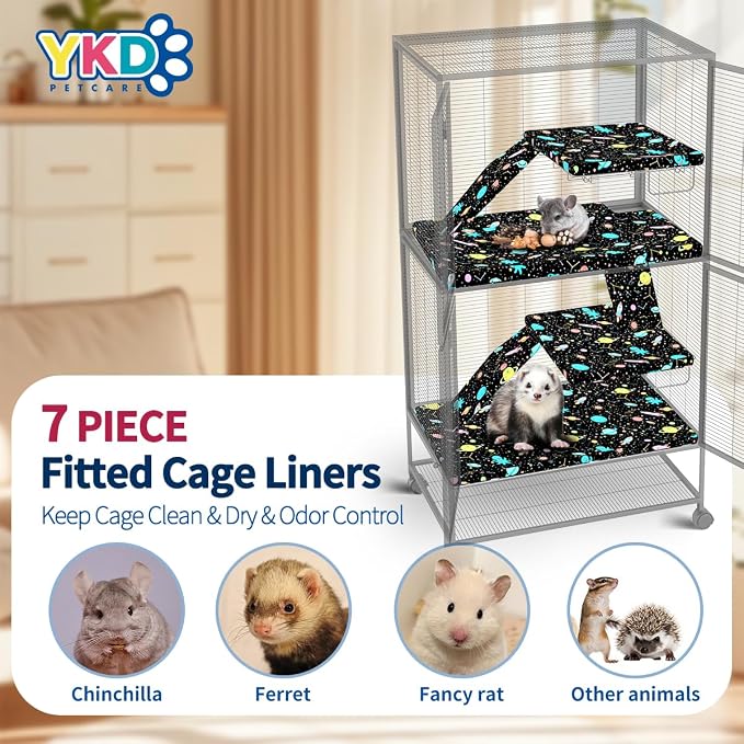 YKD Ferret Cage Liners for Ferret Nation & Critter Nation Cages | Waterproof Chinchilla Cage Accessories, Washable Bedding, for Ferrets, Chinchillas, Rats (Black, Double Unit Set)