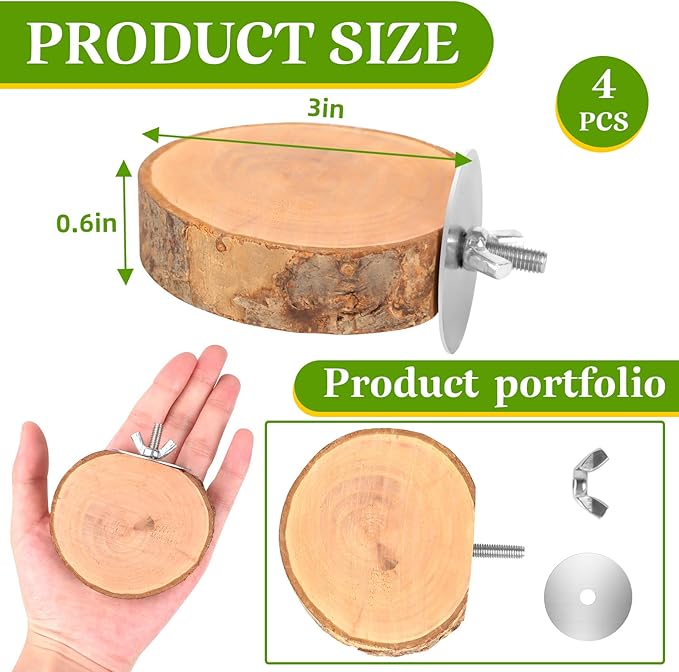 4 Pcs Natural Apple Wood Round Bird Perch Platform for Cage | Fits Small Parrots (Budgies, Conures) | Multi-Level Habitat Gym to Relieve Foot Strain | Tool-Free Mount