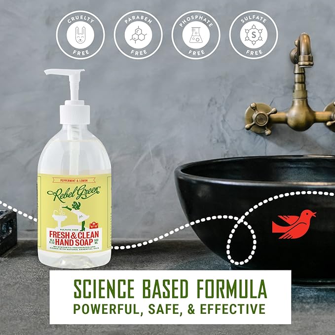 Rebel Green Liquid Hand Soap - Moisturizing Natural Bathroom & Kitchen Liquid Soap - Gentle Household Hand Wash (Peppermint and Lemon, 16.90 Fl Oz (Pack of 4))