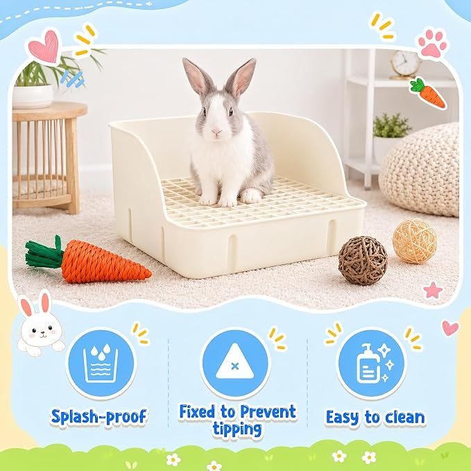 Reallnaive 15 Pcs Rabbit Starter Kit Small Rabbit Litter Box Girls Gift Animal Grooming Kit Bunny Toys Bowl Blankets with Cleaning Set for Guinea Pig Accessories(Cream White)