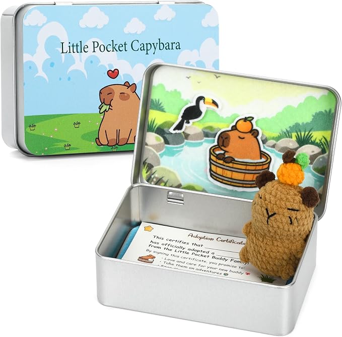 Little Pocket Capybara Mini Capybara Tin Desk Decor Back to School | Cute mini capybara in a pocket tin, a desk gift and collectible for coworkers, friends and capybara lovers.