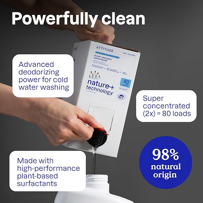 ATTITUDE Liquid Laundry Detergent Refill, EWG Verified, HE Compatible, Plant-Based & Vegan, Natural Laundry Soap, Citrus Zest Scent, 80 Loads, 67.6 Fl Oz