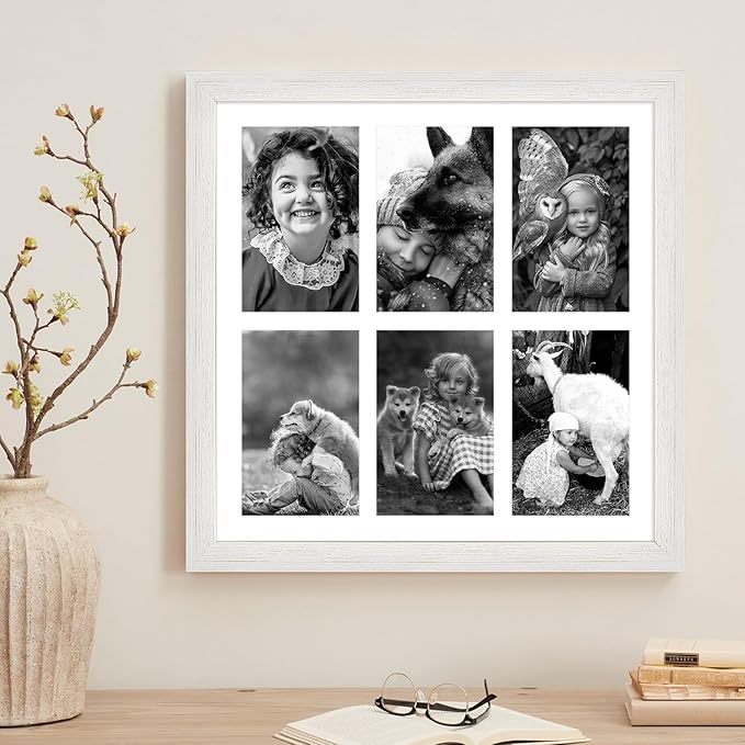 13x13 Collage frame with 6 Openings 4X6 Pictures, Multiple Picture Frame with Mat, Wall or Tabletop Decor, White Wood Grain,2 Pack