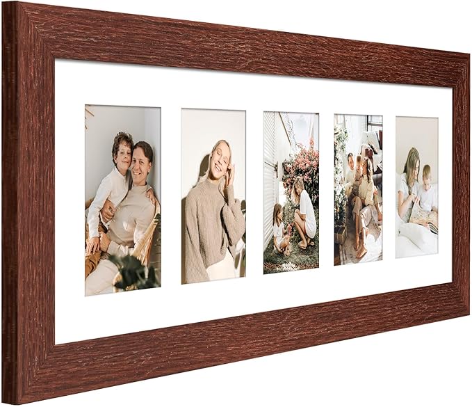 8x24 Picture Frame Display 5 opening 4X6 Picture Frame Collage,Multi Photo Frame with Mat,Plexiglass,Wall or Tabletop Decor,Walnut Wood Grain
