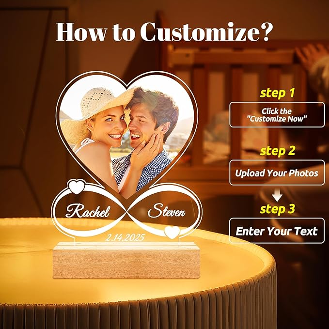 Custom Picture Frames with Photo, Custom Photo Frame with Night Light, Personalized Picture Frame, Personalized Christmas Anniversary Birthday Gifts for Women Men Him Her Girlfriend Boyfriend Couple