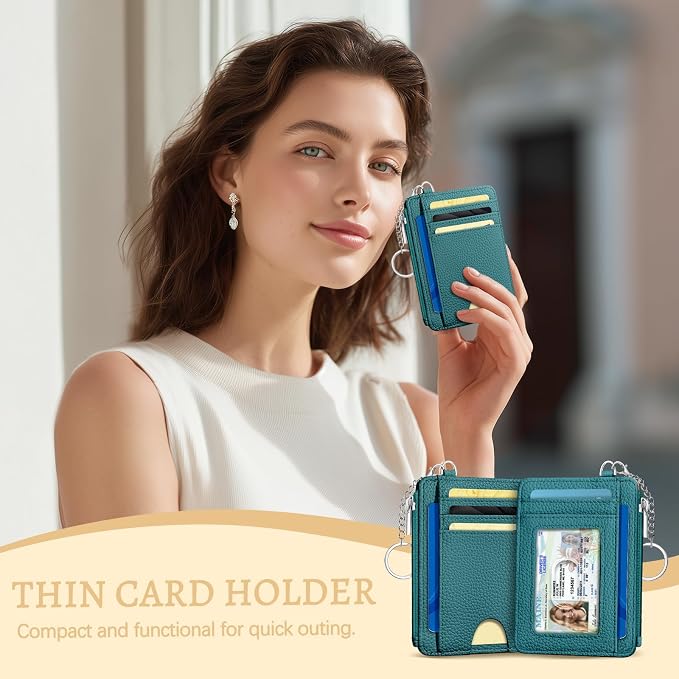 Kelvoris Credit Card Holder Small Wallet Women, Slim RFID, Teal Blue | Keychain, Zipper Coin Pocket, Front Pocket Thin Travel Card Case, Minimalist, 6 Card Slots, 1 ID Window, Ladies Gifts Woman