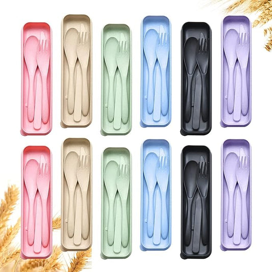 Reusable Travel Utensils Set with Case, 12 Sets Wheat Straw Portable Knife Fork Spoons Cutlery, Eco-Friendly BPA Free Plastic Tableware for Kids Adults Travel Picnic Camping Utensils