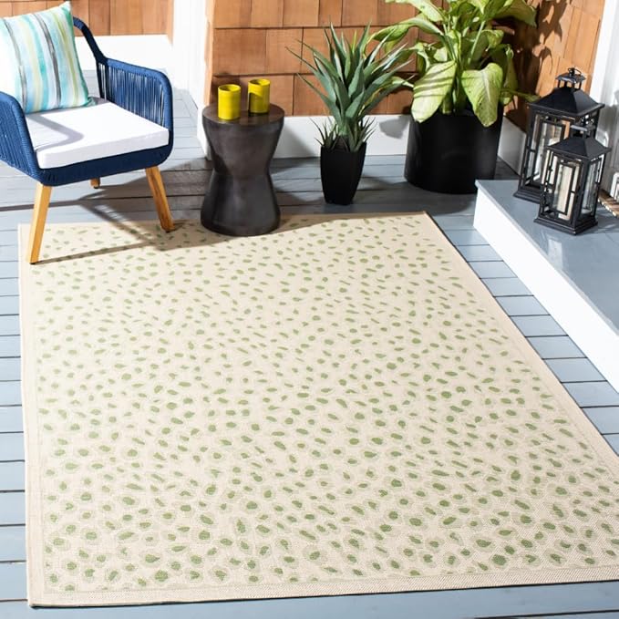 SAFAVIEH Washable Rug Outdoor Courtyard Collection - 4' x 5'7", Beige & Green, Non-Shedding & Easy Cleaning, Ideal for Patio, Backyard, Mudroom (CY6104-45312)