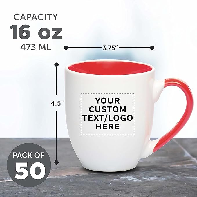 Custom Bistro Style Large Coffee Mugs 16 oz. Set of 50, Personalized Bulk Pack - Perfect for Coffee, Tea, Espresso, Hot Cocoa, Other Beverages - Red