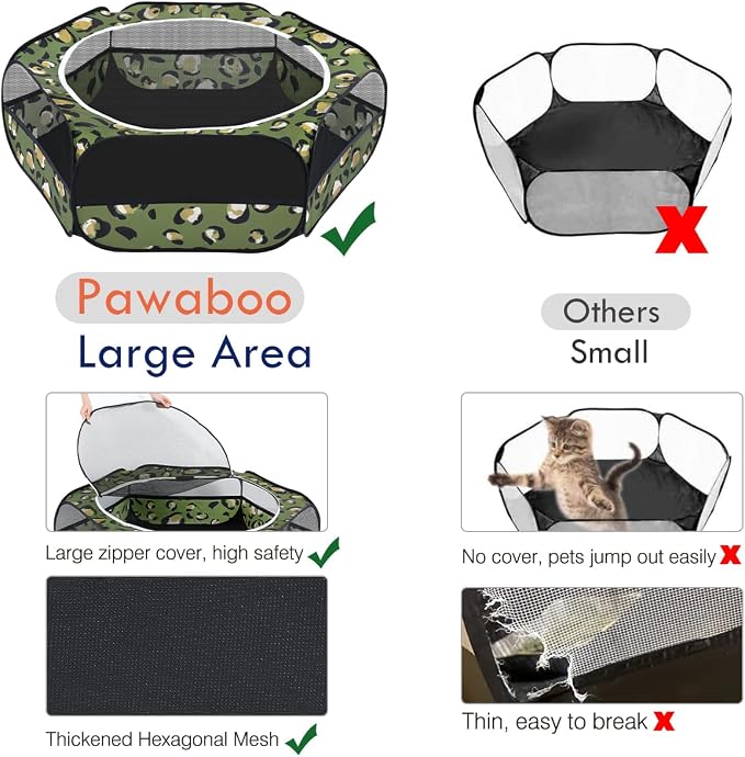 Pawaboo Small Animal Playpen with Zippered Cover, Leopard Print | Portable pop-up pet tent for supervised rabbits, guinea pigs, chicks and kittens; water-resistant bottom and 3 metal rods