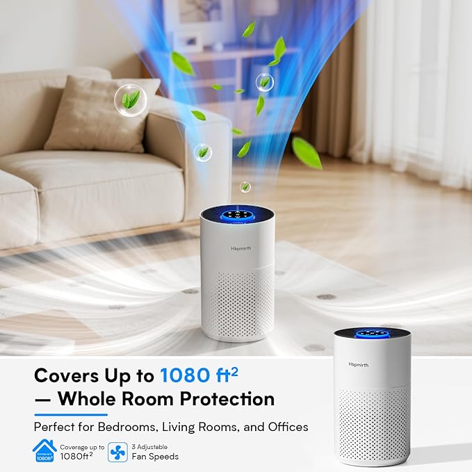 Upgraded Air Purifiers for Bedroom & Home with H14 True HEPA Filter, Covers Up to 1080ft², 360° Air Intake, Quiet Pet Air Purifier, Fragrance & Timer,Removes Smoke, Pet Dander & Pollen,White