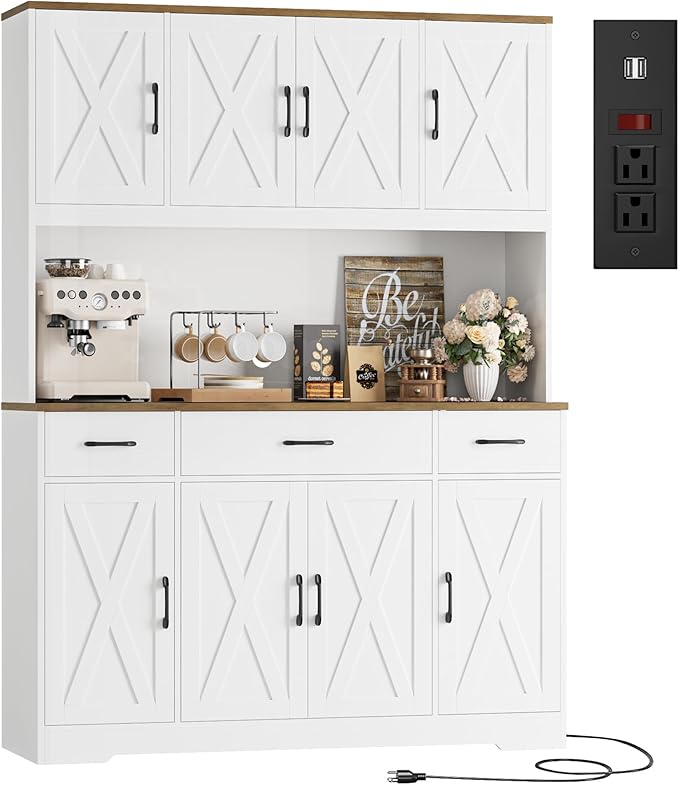 HOSTACK 71" Large Pantry Cabinet with Charging Station, 55" Wide Kitchen Pantry Storage Cabinet with Countertop, Tall Kitchen Hutch with Drawers and Power Outlet for Dining Room, White